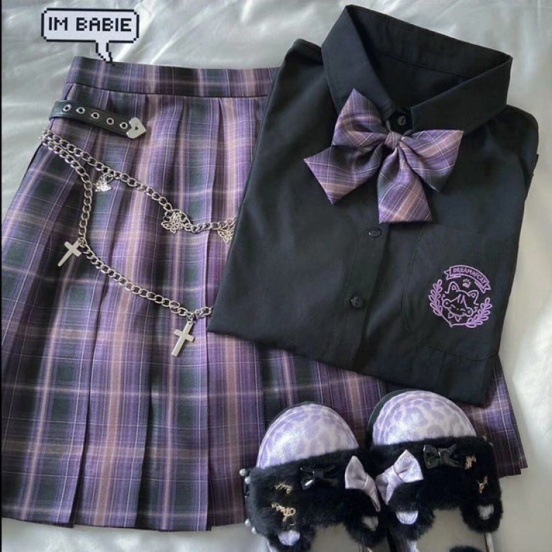 Kuromi Women's Japanese Harajuku Plaid Mini Skirt School Uniforms Flare ...