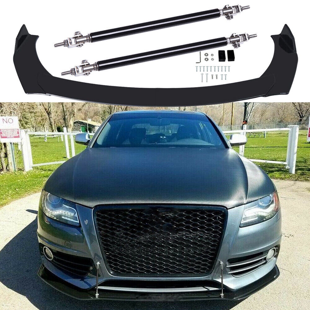 LANTOP Car Front Bumper Lip Spoiler Splitter + Strut Rods Chin Body Kit