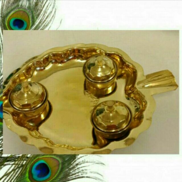 Brass Leaf Shaped Thali With Haldi Kumkum 3 Containers | Shopee Philippines