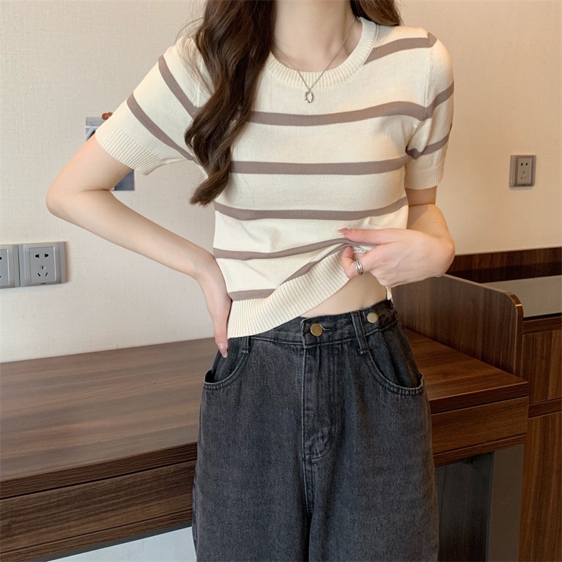 ELEVEN-Korean style fashion striped knitted T-shirt women's slim short ...
