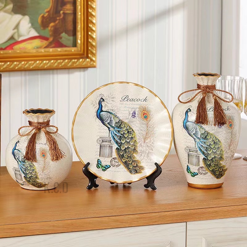 Set of 3 Decorative PeaCock/Rose Ceramic Vase for Living Room | Shopee ...