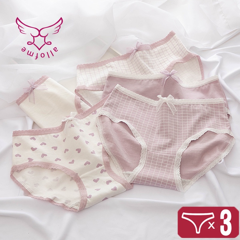 Allofme 3 Pcs/Set Women Cotton Underwear Girl Cartoon Panty Breathable Bacteriostatic Briefs