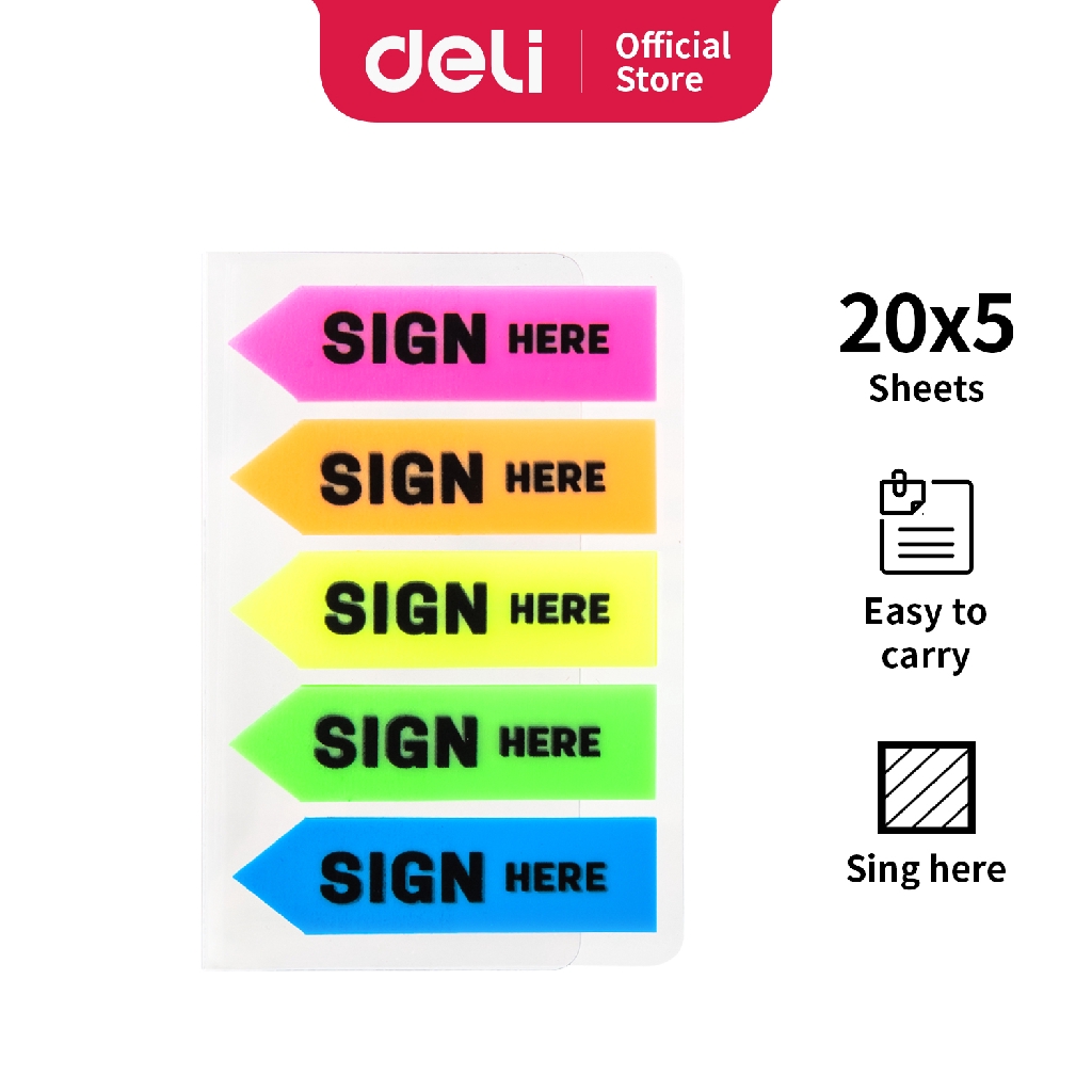 Deli Index Tab Plastic Sign Here [44 X 12 mm/5 X 20 sheets/5 Color ...
