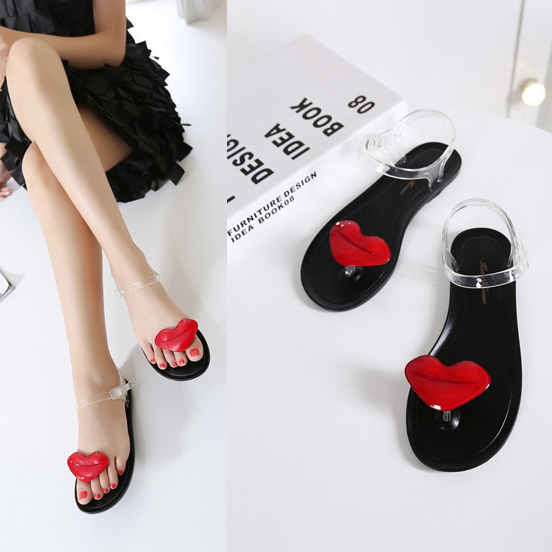 Fashion Beautiful Love Lips Inlay Jelly Shoes Flat Sandals For