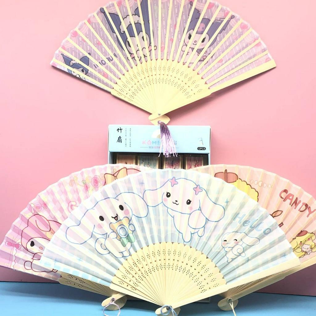 Sanrio Cartoon Cloth Bamboo Folding Fan Summer Portable Hand Fans