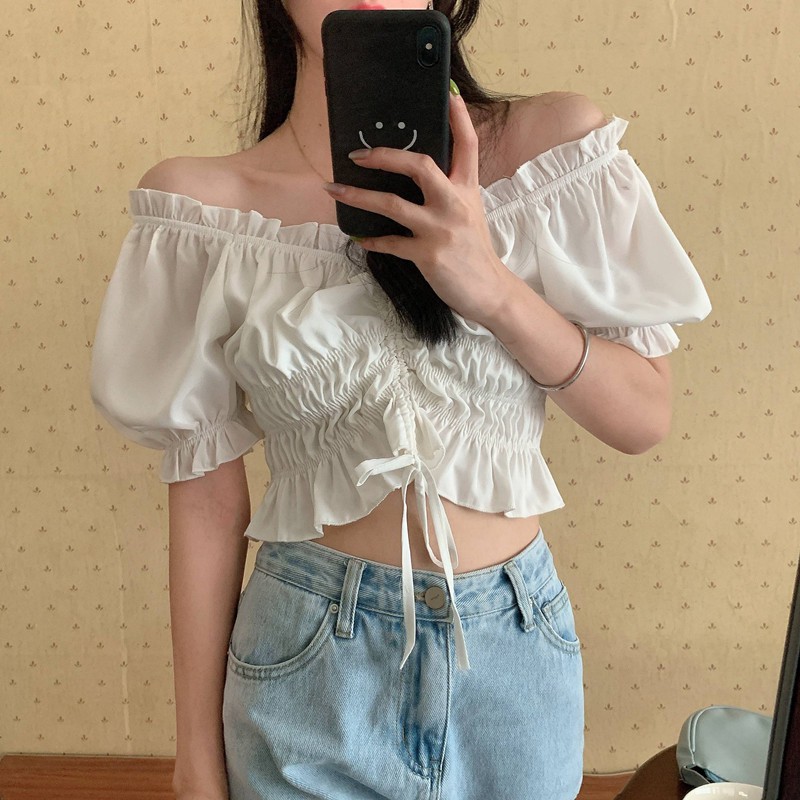 SIGNIFICANT OTHER Womens Orange Stretch Pleated Tie Pouf Sleeve Sweetheart Neckline Evening Crop Top