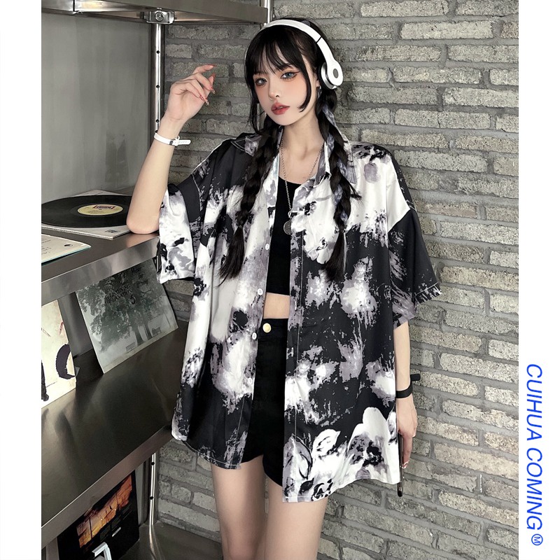 Women's New Style Tie Dye Printing Half Sleeve Shirt Summer Loose Retro