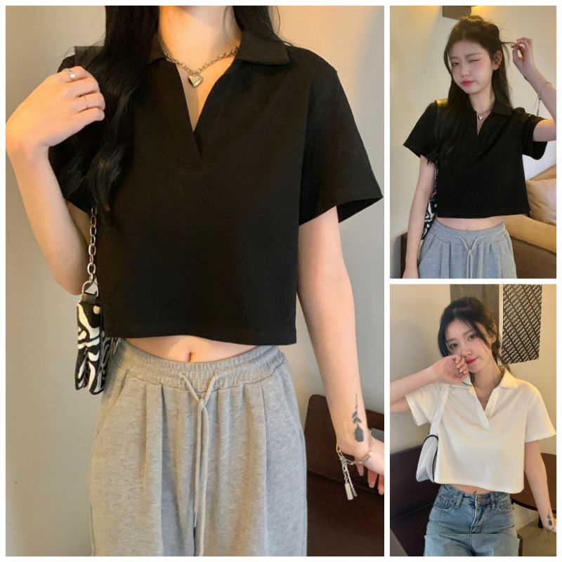 women fashion retro lapel collar crop top polo shirt peter pan collared tops shirts tee plain B008 Shopee Philippines