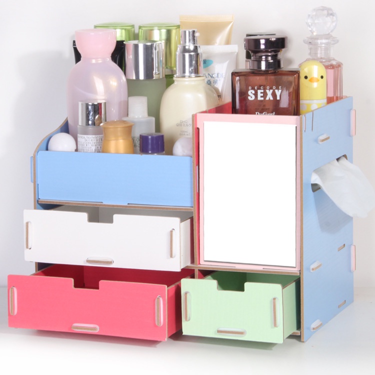 Multifunctional Desktop Storage Box Wooden Makeup Organizer Case With Mirror Multi Drawers