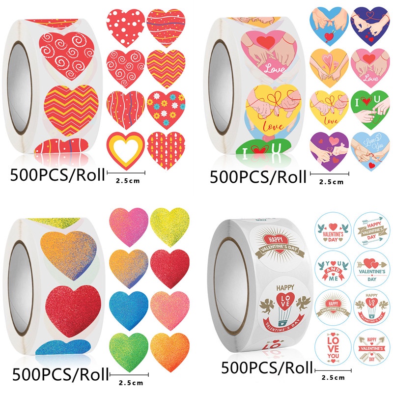 500Pcs/roll 1 Inch Heart Shape 8 Kinds Of Pattern Love Valentine's Day ...