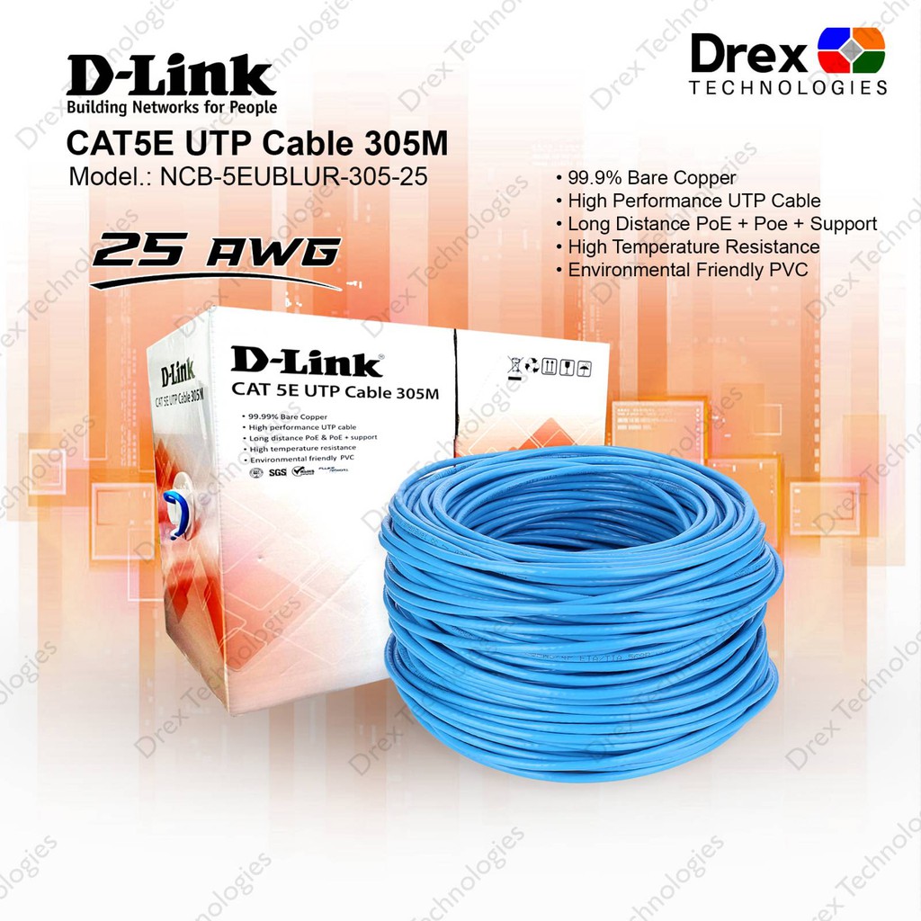 D-Link UTP Cable Cat5E 305M 1000Ft Ethernet Cable Cat5 E 25AWG - Blue ...