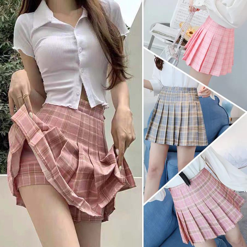 Skirts♕❃▫Women's short skirts Korean women's high-waist skirts Slim-fit pleated  skirts Plaid skirts