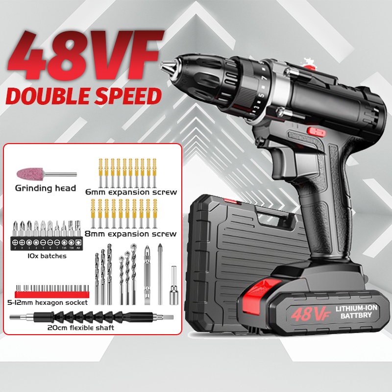 48VF Cordless Electric Drill Driver, Double Speed & Built-in LED ...