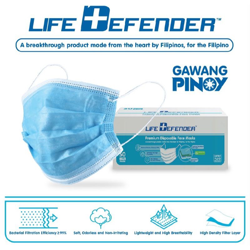 Life Defender Premium Disposable Face Mask 3 ply (50pcs) | Shopee ...