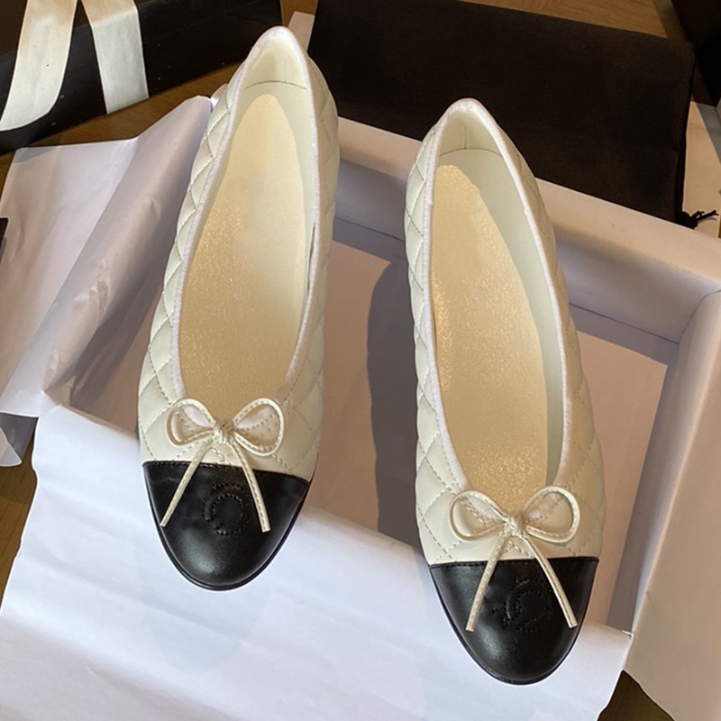 Chanel Beige/Black Leather CC Cap Toe Bow Ballet Flats Size 41
