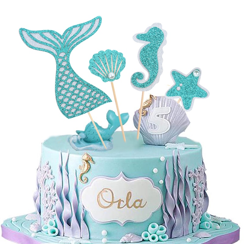 5Pcs/set Mermaid Tail Starfish Cake Toppers Kids Birthday Party ...