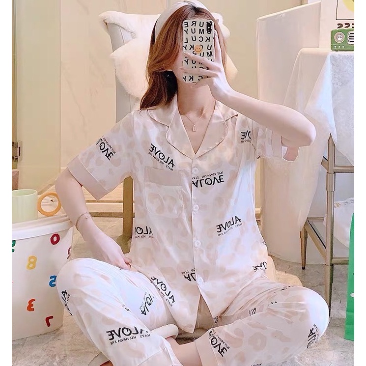 QQS Korean Silk Short Sleeve Cute Printed Comfortable Pajamas  