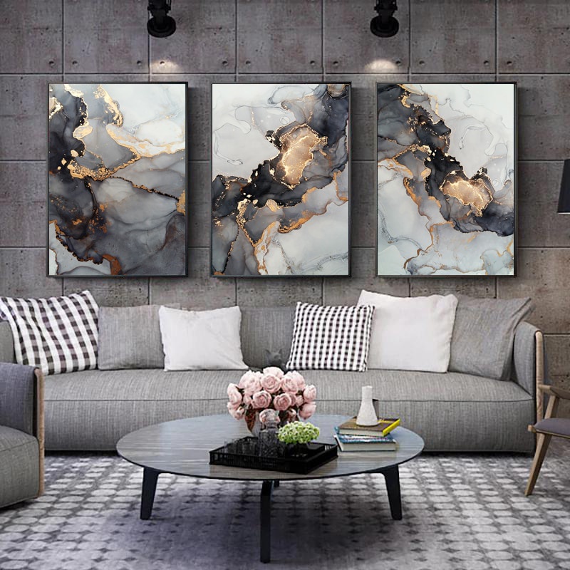 Nordic Grey Golden Fluid Art Marble Texture Abstract Wall Art Canvas ...