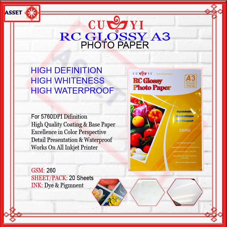 CUYI RC Glossy Photo Paper 260gsm Resin Coated Paper A3 (20sheets ...