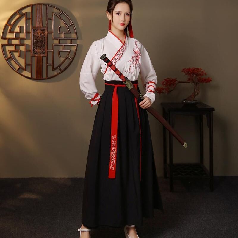 Martial Arts Style Hanfu Female Chinese Cross-Collar Waist-Length Skirt ...