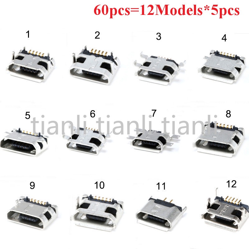 60pcs/lot 5 Pin SMT Socket Connector Micro USB Type B Female Placement ...