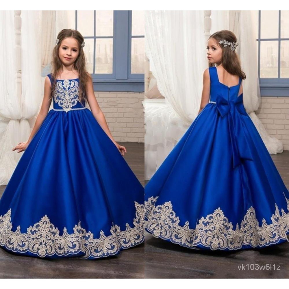 Royal Blue Long Summer Girl Dresses Big Bow Flower Girl Dresses