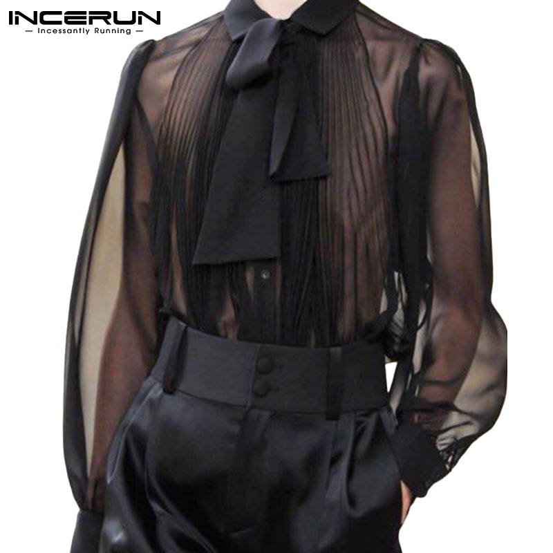 Incerun Men Black Fashion Mesh See Through Long Sleeves Lapel With Tie Shirt Shopee Philippines