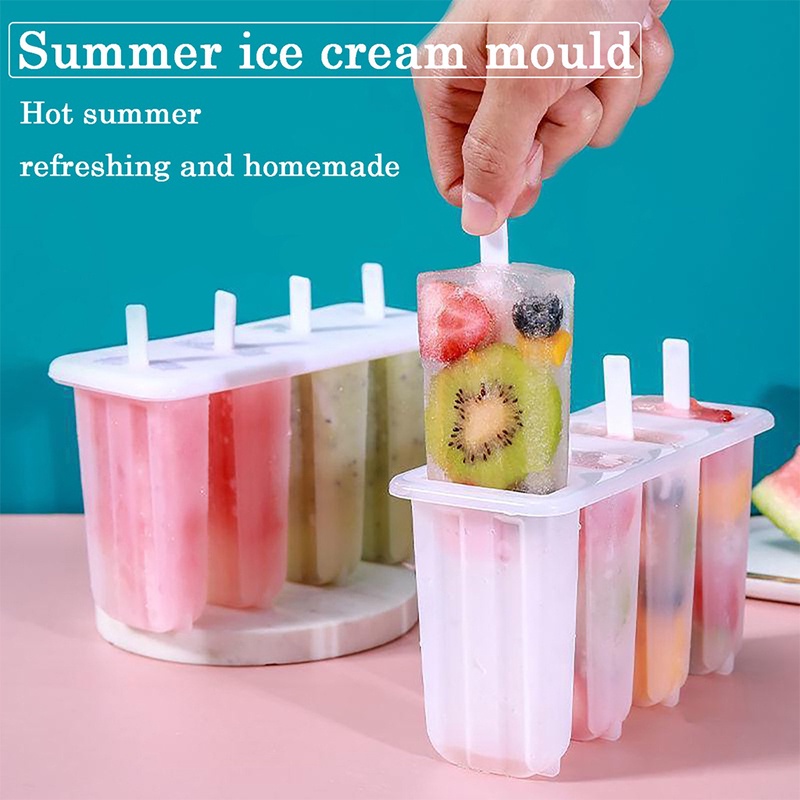 4 Cells Popsicles Mold Plastic Frozen Ice Cream Mold DIY Reusable Ice ...