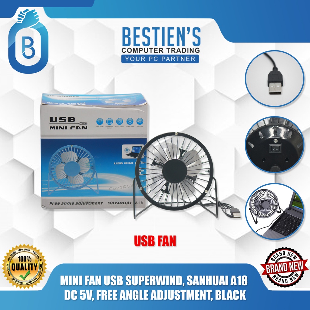 MINI FAN USB SUPERWIND, SANHUAI A18 DC 5V, FREE ANGLE ADJUSTMENT, BLACK