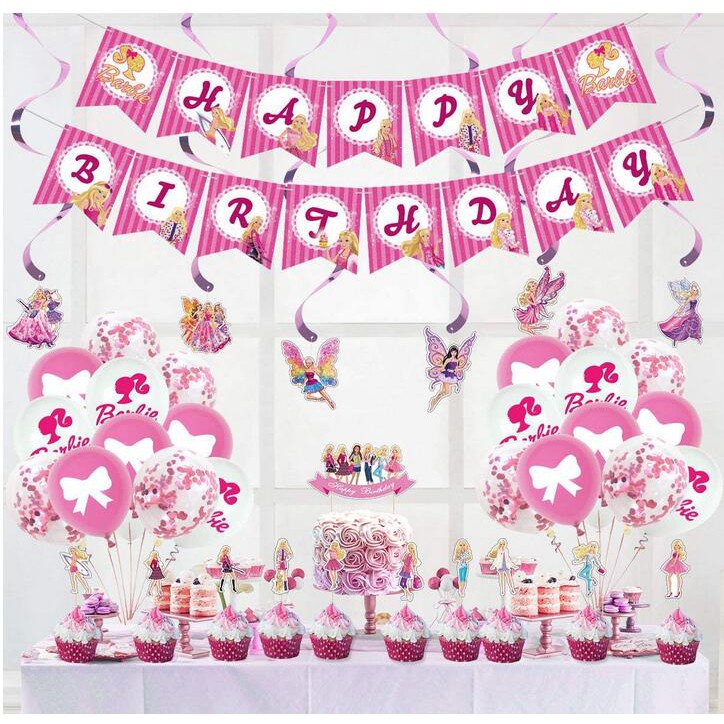 【Ready Stock】☌Ready Stock Barbie Theme Birthday Party Decoration Set  Balloons Banner Cake Topper Bab