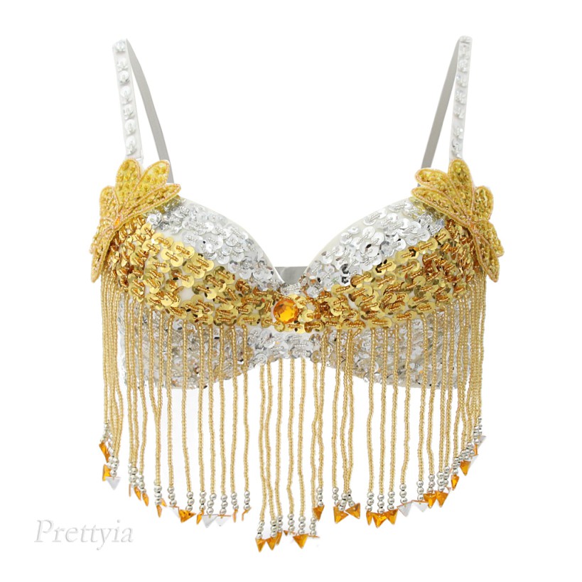 Sequin Belly Dance / Samba Costume Bra with Beaded Fringe - GOLD