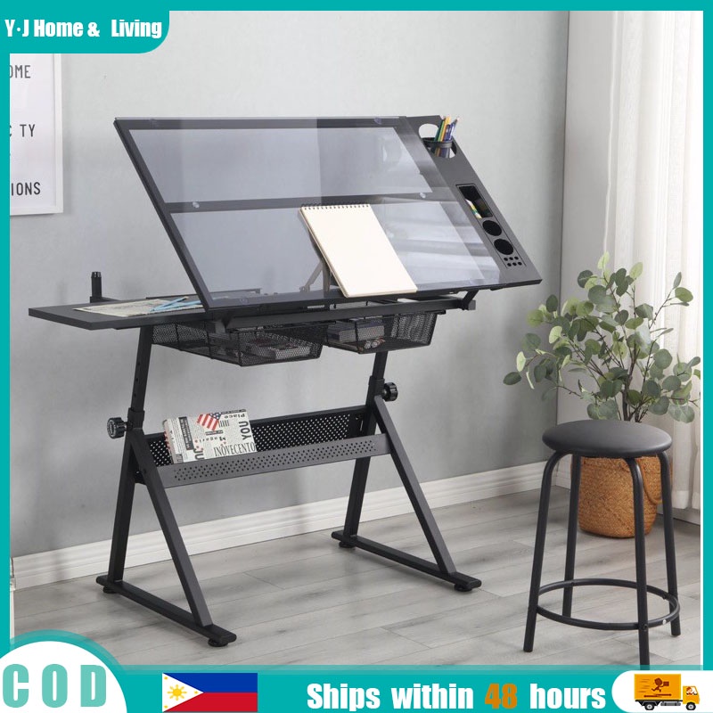 Drafting Glass Table With Extra Side Table Drawers And Leather Padded ...