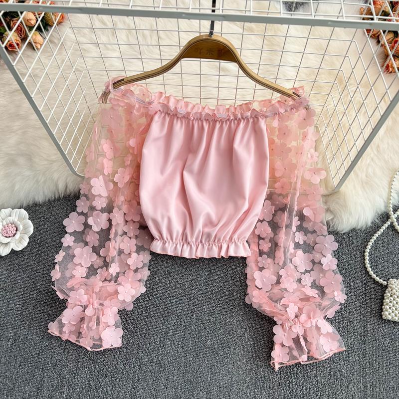 レディース 【oneu】tulle chiffon blouse ピンク