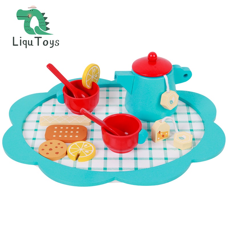 LIQU Wooden Tea Set for Little Girls, Pretend Play Tea Set Toy