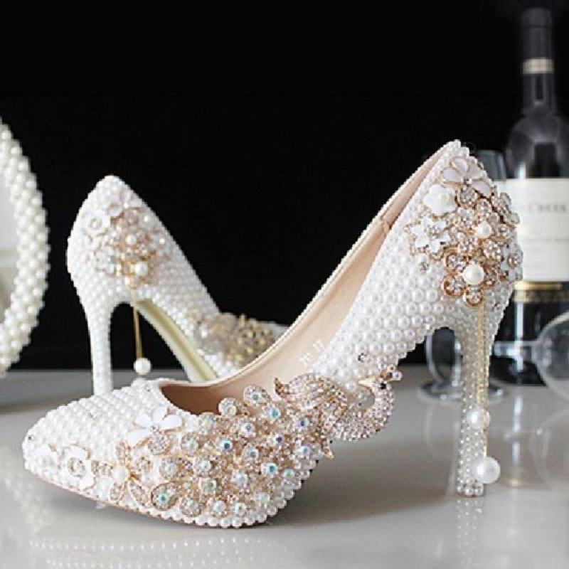 White Pearl Butterfly Handmade Wedding Shoes High Heels Pointed Toe
