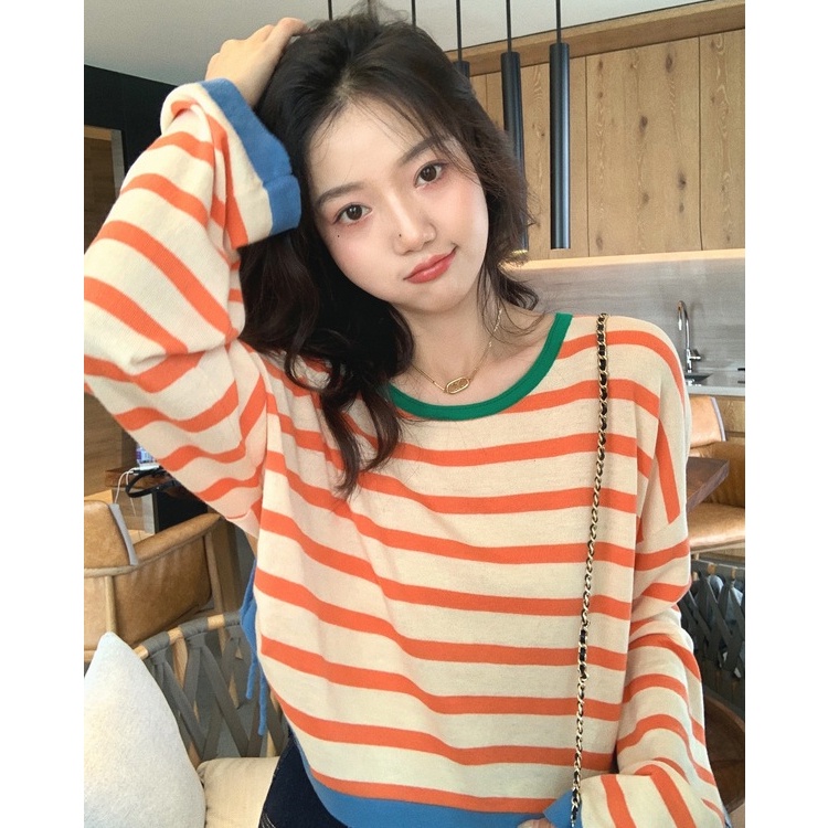Color stripe Tshirt women's new summer 2022 long sleeve knit top