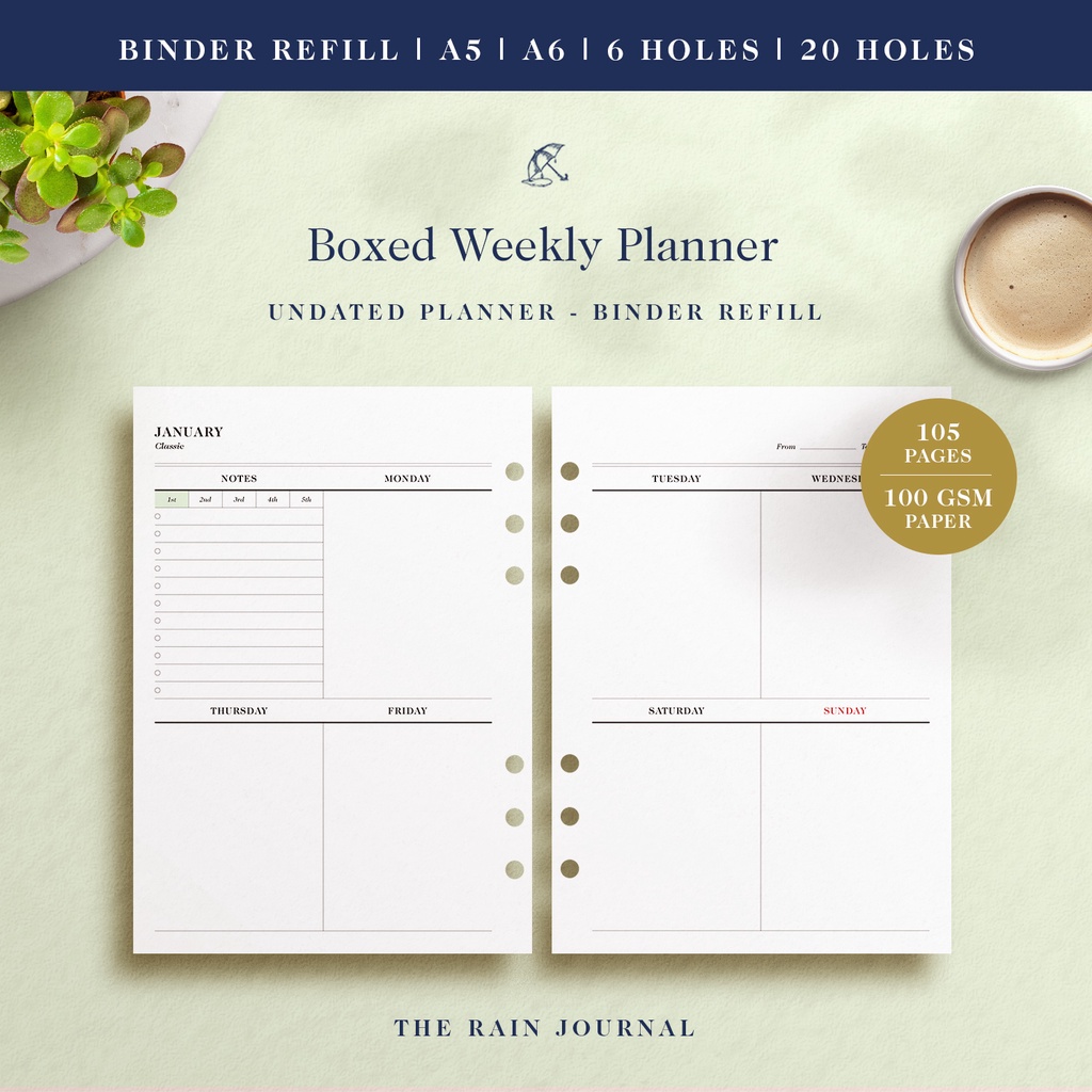 Undated Planner - Binder Refill for 6 Ring or 20 Ring A5 Binder & A6 ...