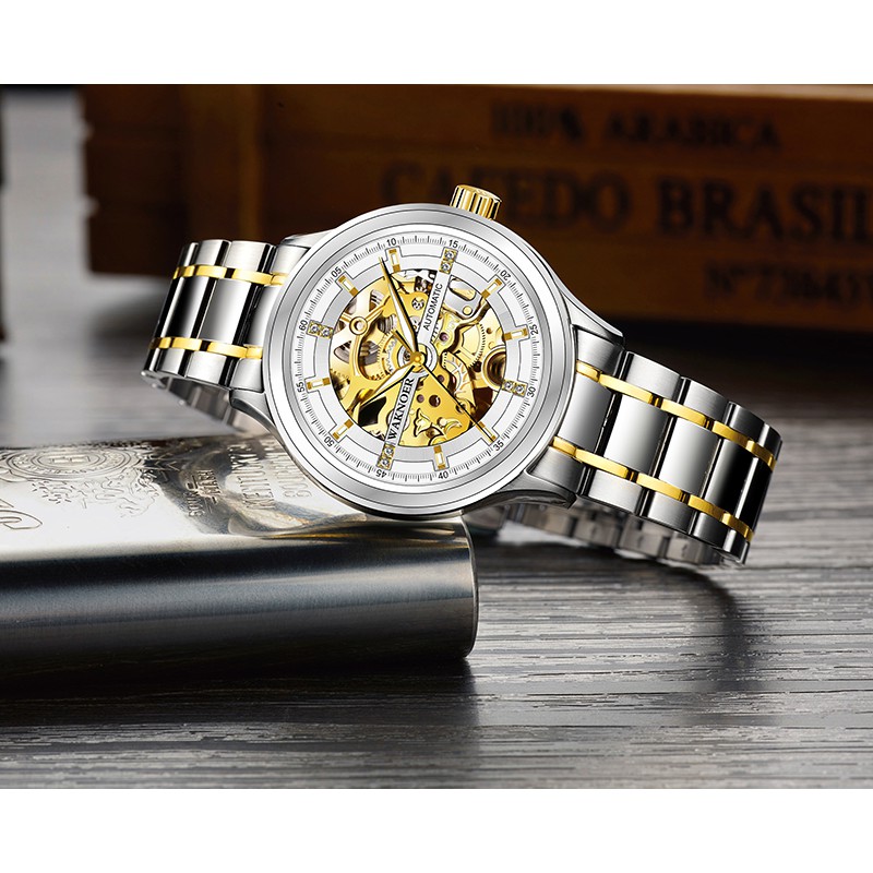WAKNOER Men Skeleton Automatic Mechanical Watches Vintage Men s Stainless Steel Watch