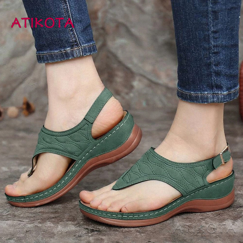 Atikota Women Sandals Clip Toes Retro Wedges Sandal Casual Ladies Beach ...