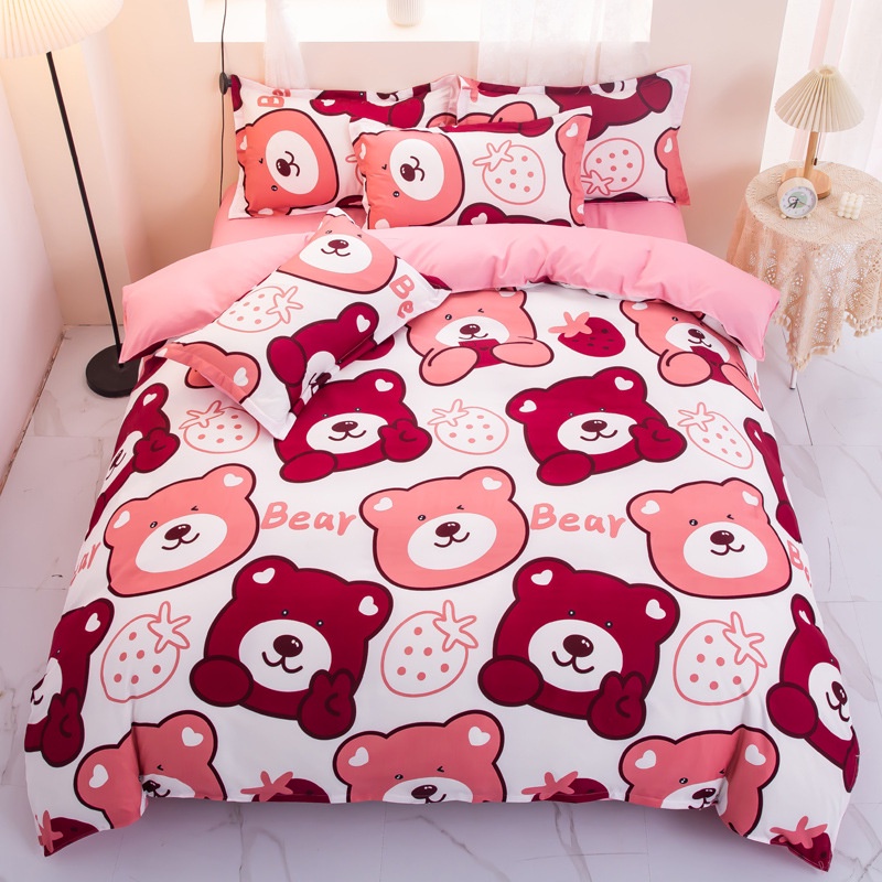 Cartoon Strawberry Bear 4 In 1 Bedding Set High Quality Flat Bed Sheet ...