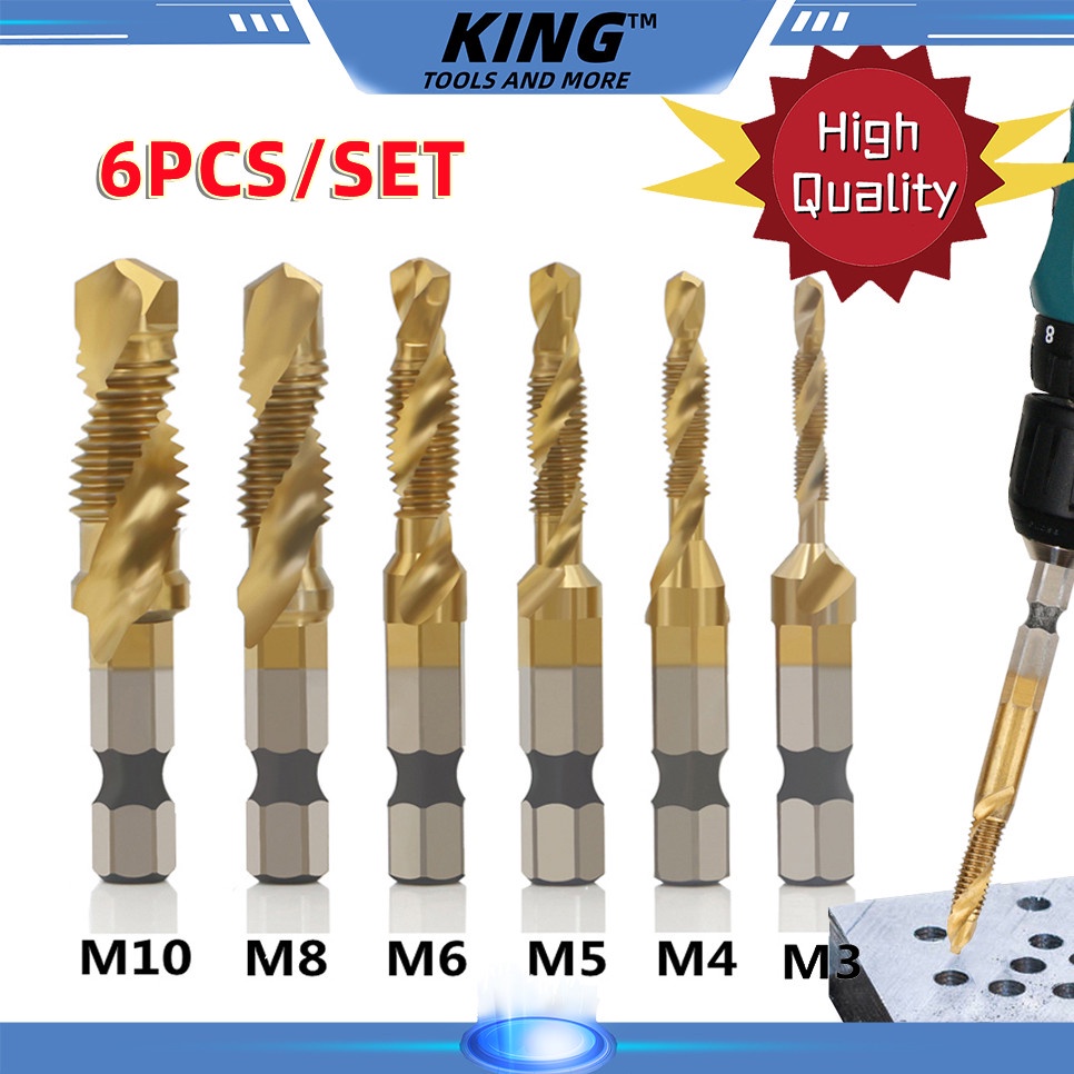 6pcs HSS Tap Drill Bit Set M3 M10 Titanium Combination Hex Shank