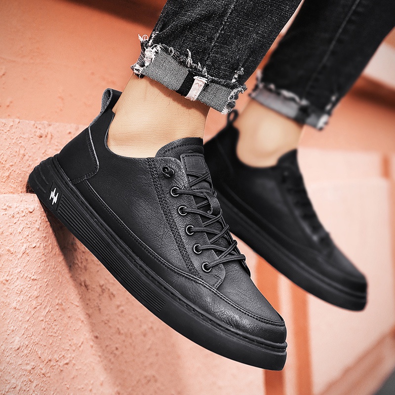 Black casual men's shoes Leather men's skate shoes All black ...