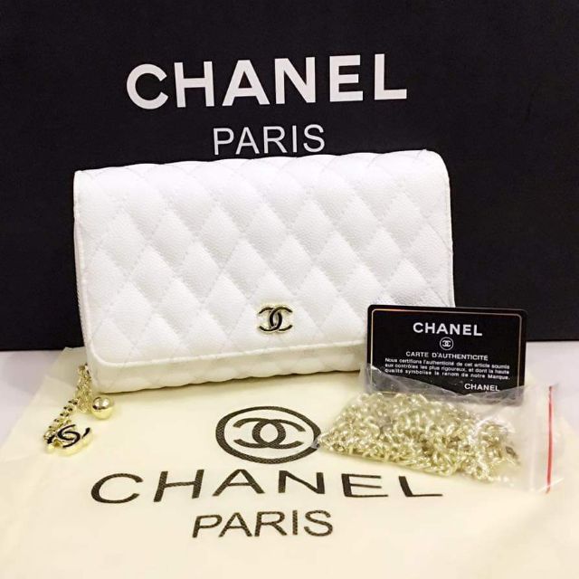NIB 19S Chanel Iridescent Caviar Classic Wallet on Chain Pearly CC WOC Bag