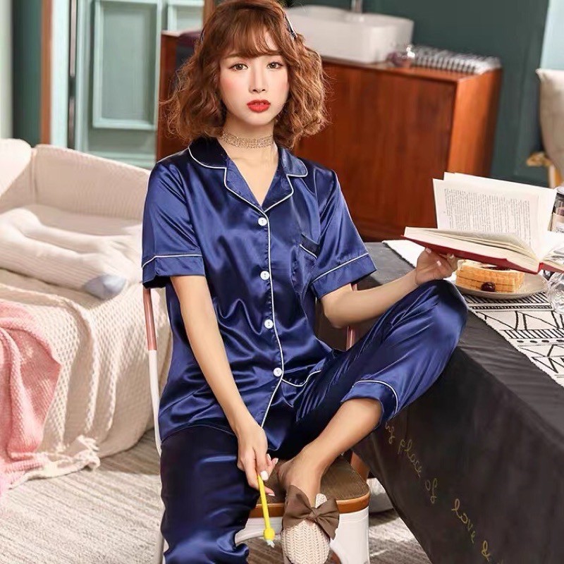 Women Silk Pajama Terno Long Pants Sleepwear Set Korean Home Wear