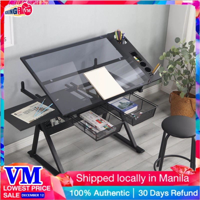 Boxing Vm Drafting Glass Table with Extra Side Table Drawers and ...