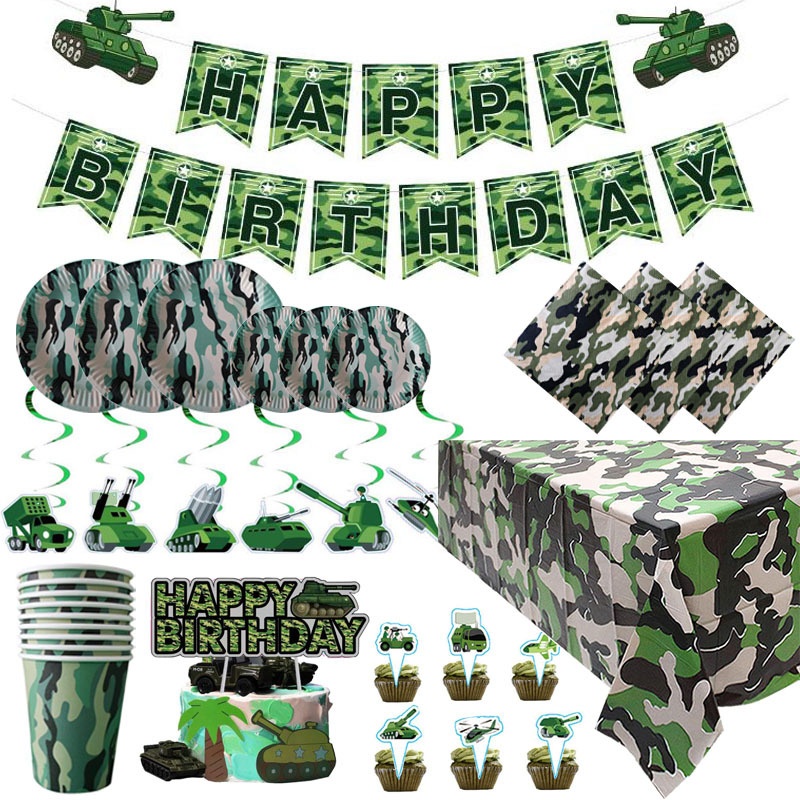 Military Camouflage Themed Banners Airplane Tanks Balloons Cake Topper ...