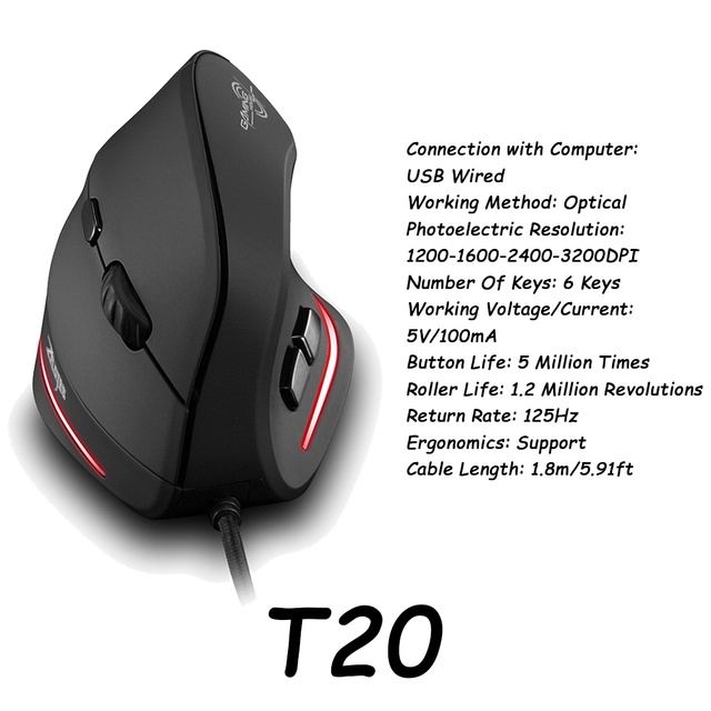 ZELOTES C18 Vertical Mouse 10000DPI USB Wired RGB Optical Ergonomic