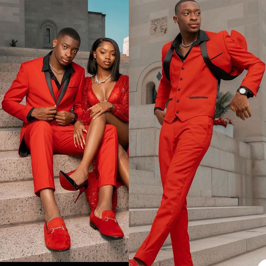 Men's Wedding Groom Tuxedo Red Dress 3 piece Slim Suit Jacket Blazer +  Pants + Vest