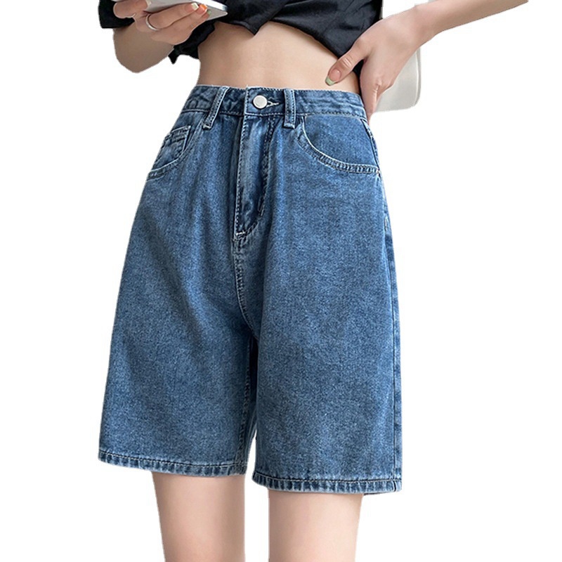 High waisted denim Ankle Shorts loose legged loose show lean Korean ...