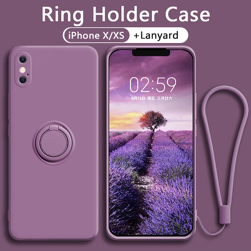 Luxury iPhone X XS Max XR Case Ring Holder Phone Case Liquid Silicone  Camera Full Cover Free Lanyard with Same Color